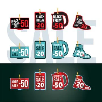 Black Friday, discounts, tags or labels in a round, square shape and in the f Stock Illustration