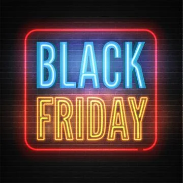 Black Friday discounts tempting neon vector banner template Illustrazione stock