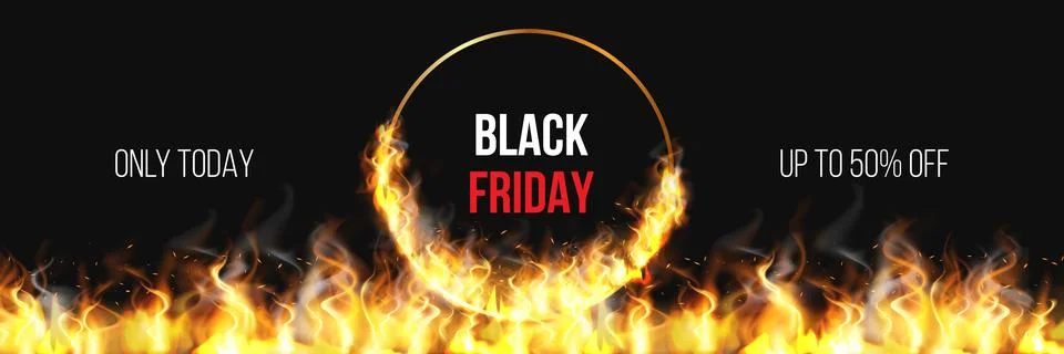 Black Friday fiery banner vector marketing design, hot sale special offer, fire Stock Illustration