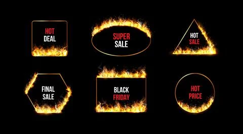 Black Friday fiery frames realistic marketing design vector set on black Stock Illustration