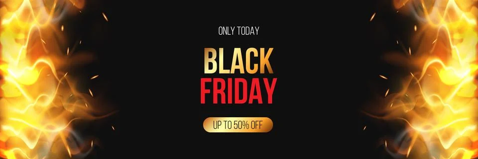 Black Friday fiery realistic vector banner, marketing promotion design, fire Stock Illustration