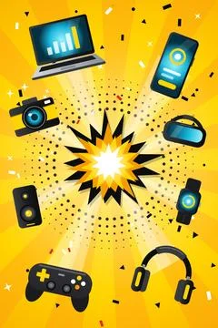 Black Friday Gadget Explosion Comic Burst Illustration Portrait 스톡 일러스트