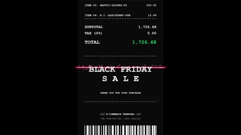 Black Friday Infinite Dark Receipt Cyber Scanner UI Loop Stock Footage 345143835
