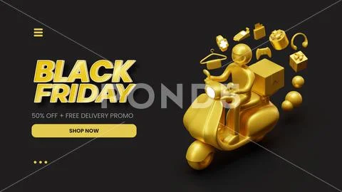 Black Friday landing page template with gold 3d rendering illustration PSD Template