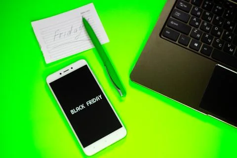 Black Friday layout computer phone watch pen Notepad. Stock Photos