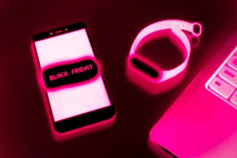 Black Friday layout computer phone watch pen Notepad. Stock Photos