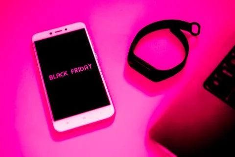 Black Friday layout computer phone watch pen Notepad. Stock Photos