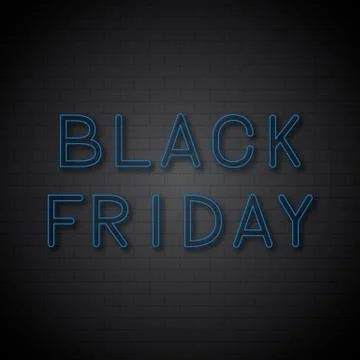 Black Friday light blue retro neon sign on brick wall background. Shopping co Stock Illustration