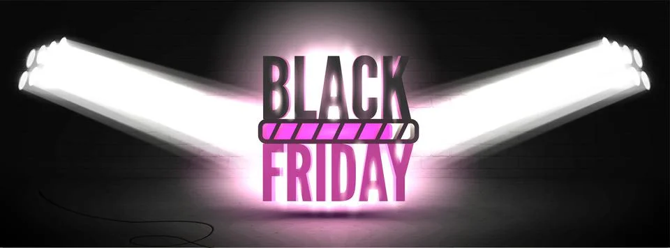 Black friday loading realistic wide vector banner template with spotlights Stock Illustration
