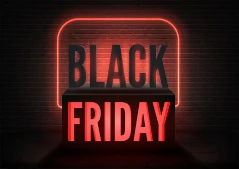 Black Friday luxury store vector poster design with neon light and red capital Stock Illustration