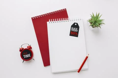 Black friday notepads mock up with clock Stock Photos