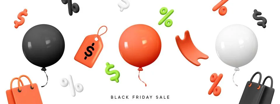 Black Friday object. Set round shape helium balloons in black red and white.. Stock Illustration