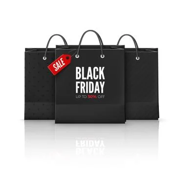 Black Friday Offer. Set of Black Bags. Bag with red tag Sale and text with di Stock Illustration