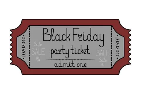 Black Friday party. Red ticket admit one. Sale. Handwritten lettering. Stock Illustration