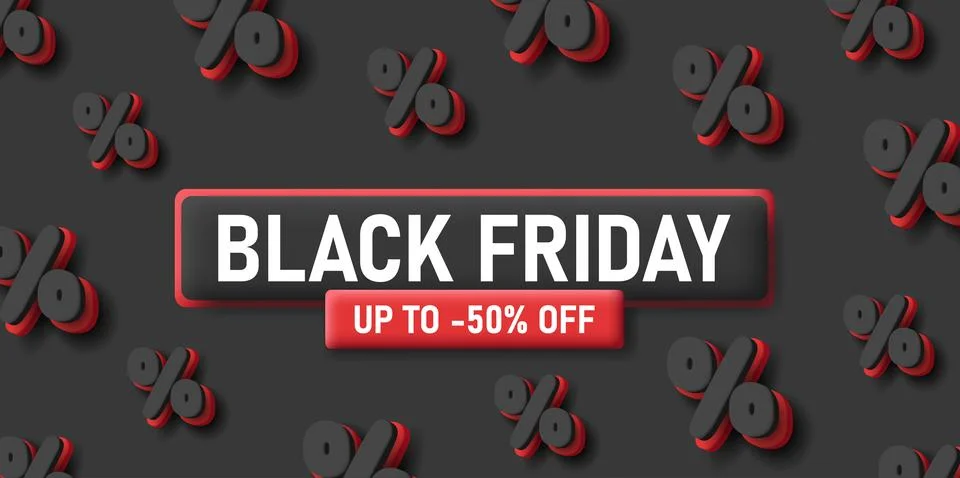 Black Friday poster with 3d rounded percentage sign and volume button Stock Illustration