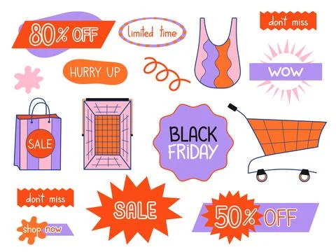 Black Friday promotion graphics and lettering stickers set. Colorful playful Stock Illustration