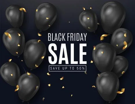 Black friday sale ads with Black Balloons in Black Background with Golden Stock Illustration