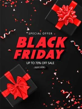 Black friday sale background with gift boxes and serpentine. Modern design Stock Illustration