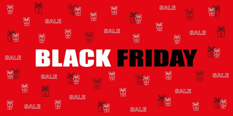 Black Friday sale pattern with bold text, red background, outlined gift icons Stock Illustration