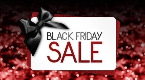 Black Friday sale text write on gift card label with black ribbon bow on red  Stock Photos