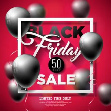 Black Friday Sale Vector Illustration with Shiny Balloons on Red Background Stock Illustration