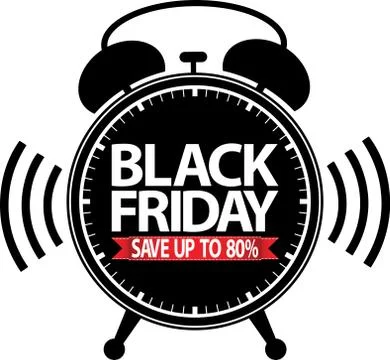 Black friday save up to 80% alarm clock black icon with red ribbon, vector il Stock Illustration