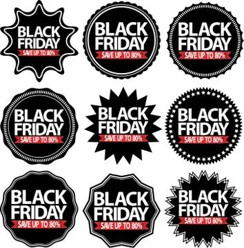 Black friday save up to 80%  black signs set, vector illustration Stock Illustration