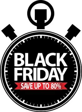 Black friday save up to 80% stopwatch black icon with red ribbon, vector illu Stock-Illustration