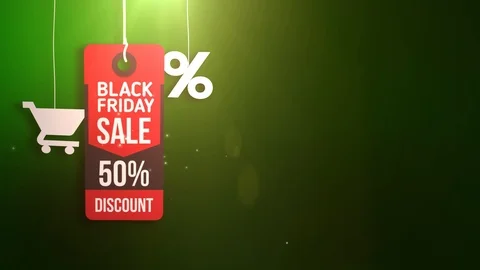 Black friday sign hanging on string with shopping cart and percent icon Video stock 96636023