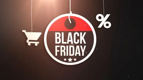 Black friday sign hanging on string with shopping cart and percent icon Video stock 96676548