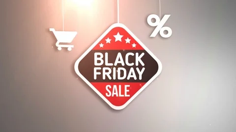 Black friday sign hanging on string with shopping cart and percent icon Video stock 96704484