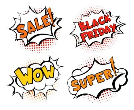 Black Friday Speech bubble comic sale template set Stock Illustration