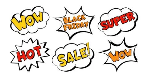 Black Friday Speech bubble comic sale template set Stock Illustration