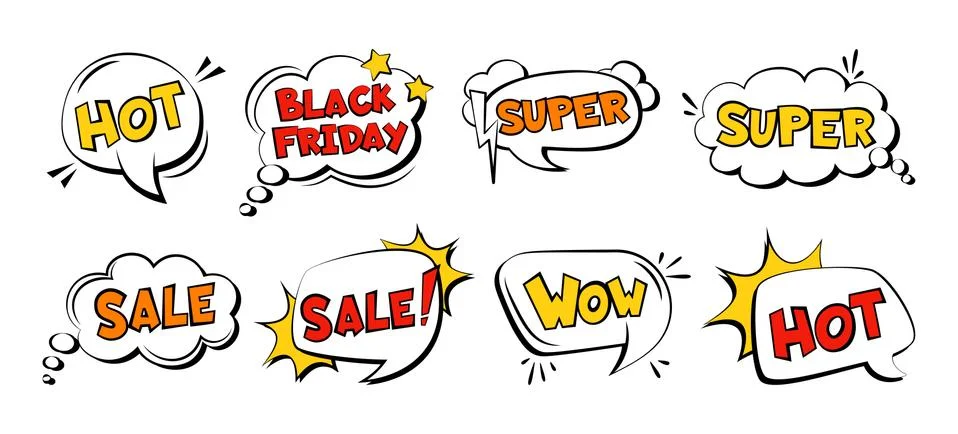 Black Friday Speech bubble comic sale template set Stock Illustration
