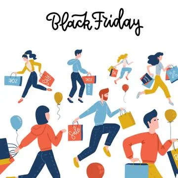 Black Friday square banner. Flat Vector cute illustration of people on the st Stock Illustration