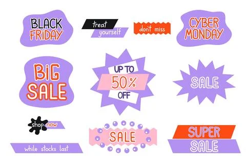 Black Friday stickers vector set. Big sale announcement badges. Bold purple Stock Illustration