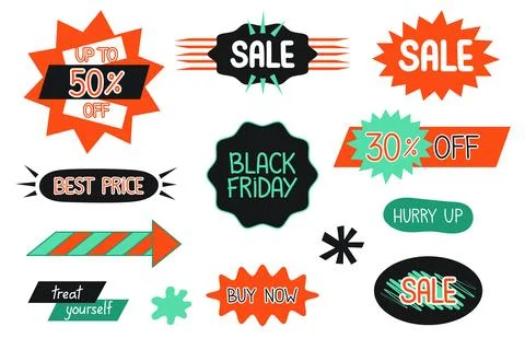 Black Friday stickers vector set. Sale announcement badges. Bold black and red Stock Illustration