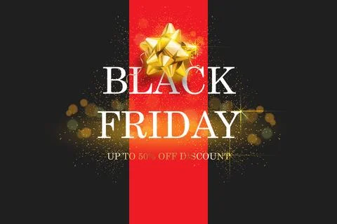 Black Friday Super Sale. Pattern with red ribbon and golden bow. Dark backgro Illustrazione stock