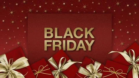 Black Friday text and gift box with golden ribbon bow isolated on red glitter Stock Illustration