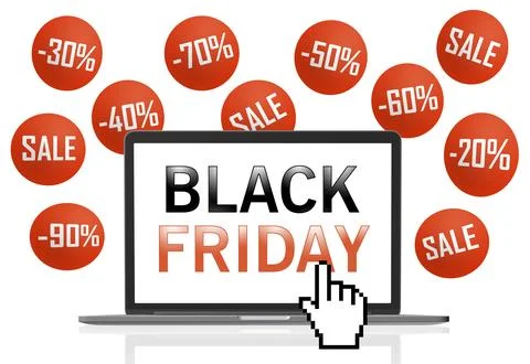 Black Friday text on laptop screen pixel cursor, isolated on white. Around Stock Illustration