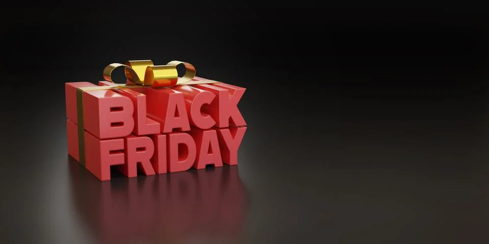 Black Friday text in red in the shape of a gift with copy space. 3d illustrat Stock Illustration