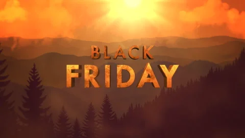 Black Friday text on sunset landscape with sun and forest Stock Footage 217422206