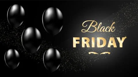 Black Friday Vector Background With golden text and black flying balloons イラスト素材