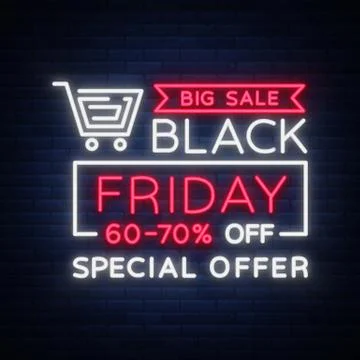 Black Friday vector isolated, poster banner in neon style. Bright sign sales Stock Illustration