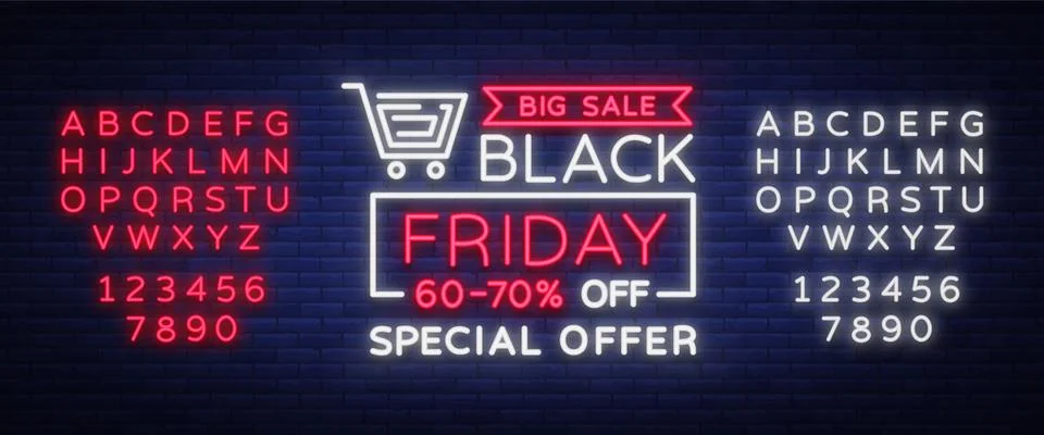 Black Friday vector isolated, poster banner in neon style. Bright sign sales Stock Illustration
