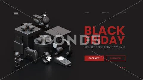 Black Friday web page template with all balck 3d rendering composition PSD Template