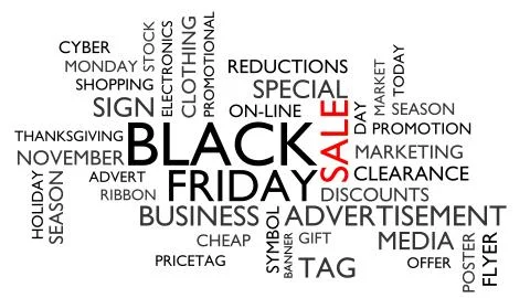 Black Friday word tag cloud. 3D rendering, white variant Illustrazione stock