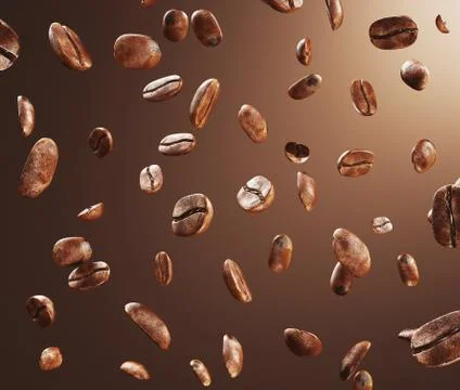 Black fried coffee beans falling down, 3d rendering Stock Illustration