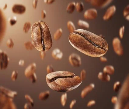Black fried coffee beans falling down, 3d rendering Stock Illustration