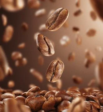 Black fried coffee beans falling down, 3d rendering Stock Illustration